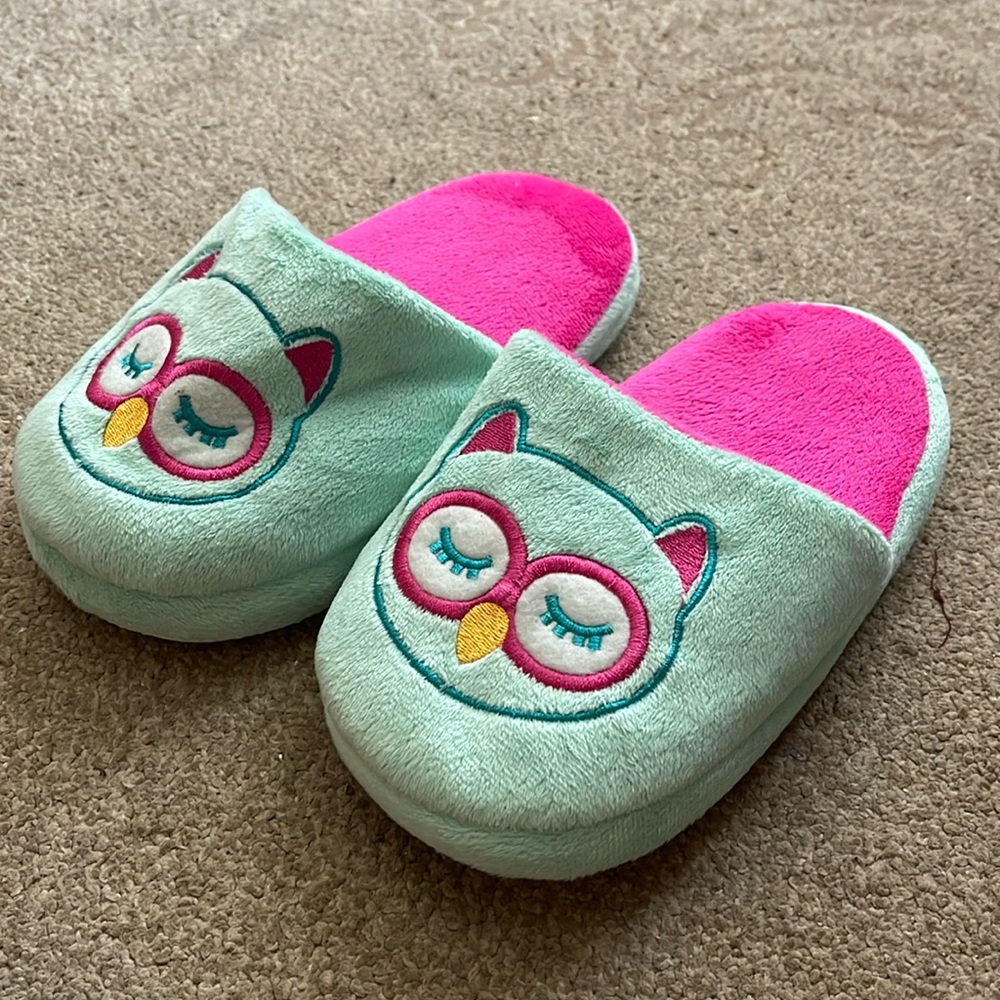 Girls Comfy Owl Slippers Size L/XL woman’s size 5-6 pink and turquoise slides
